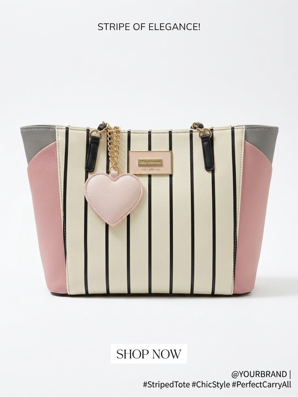 Striped White and Pink Shoulder Tote with Heart Charm